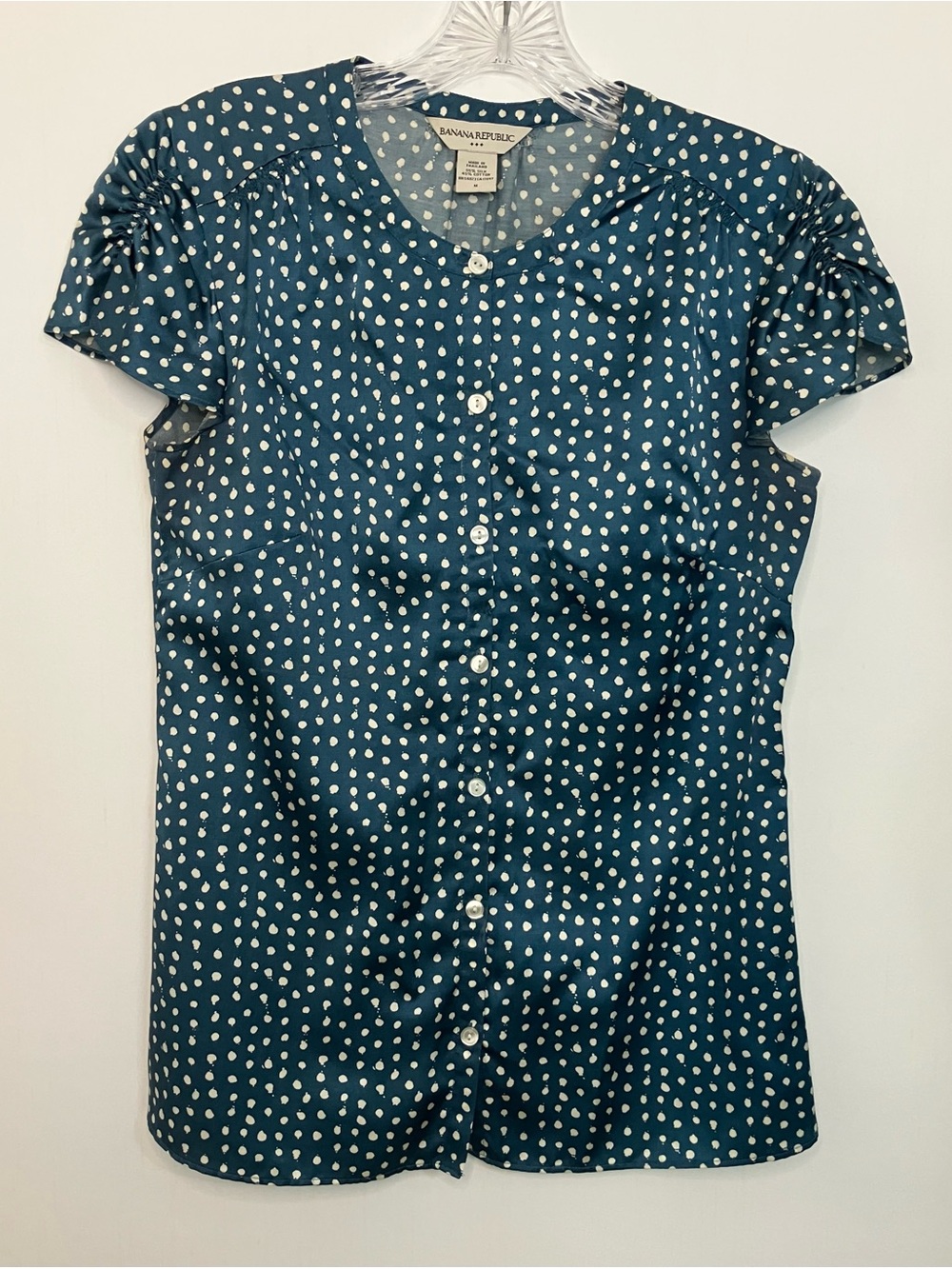 Banana Republic Teal White Polka dot Silk Blend Blouse Med Classic Career Femin